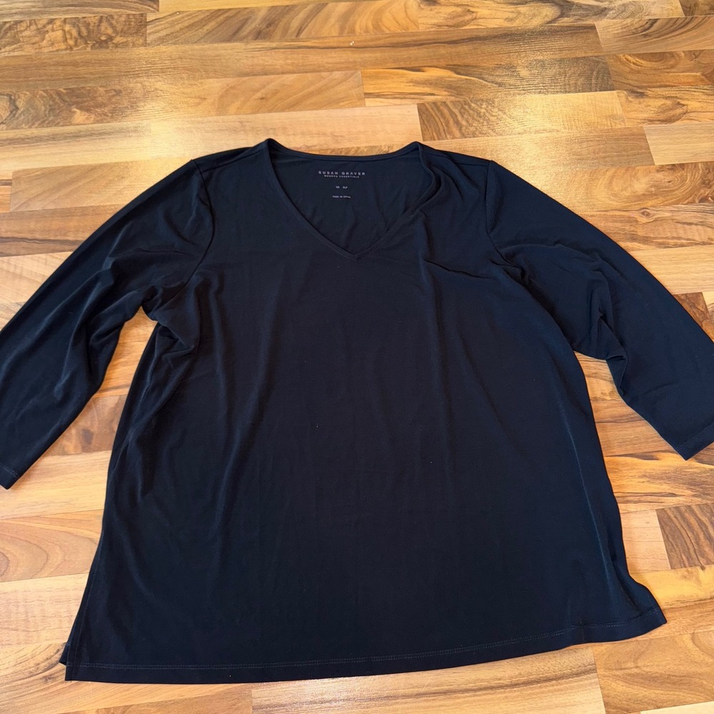 Susan Graver Modern Essentials Black V Neck Long Sleeve Top XLP liquid knit